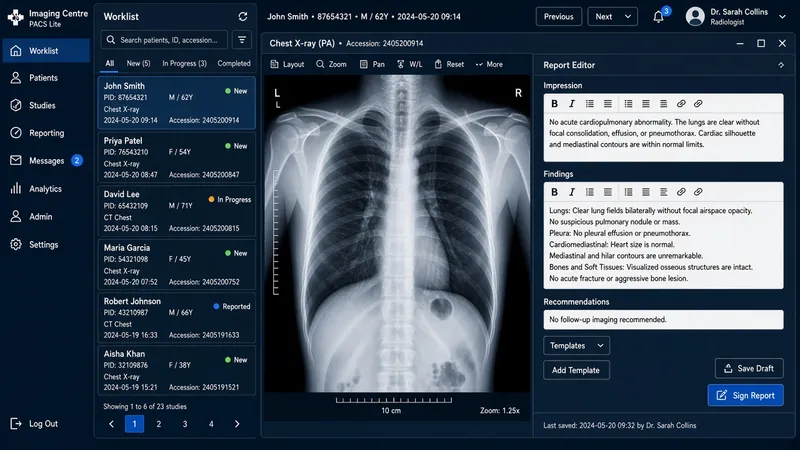 Imaging Centre PACS Lite radiology worklist UI